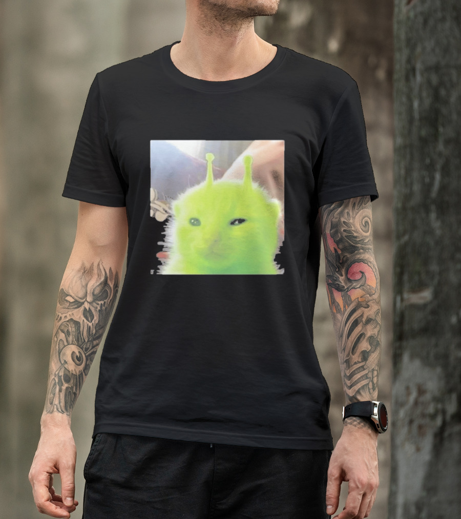 Glorp Alien Cat Winking Whimsical Green Feline With Antennae T-Shirt