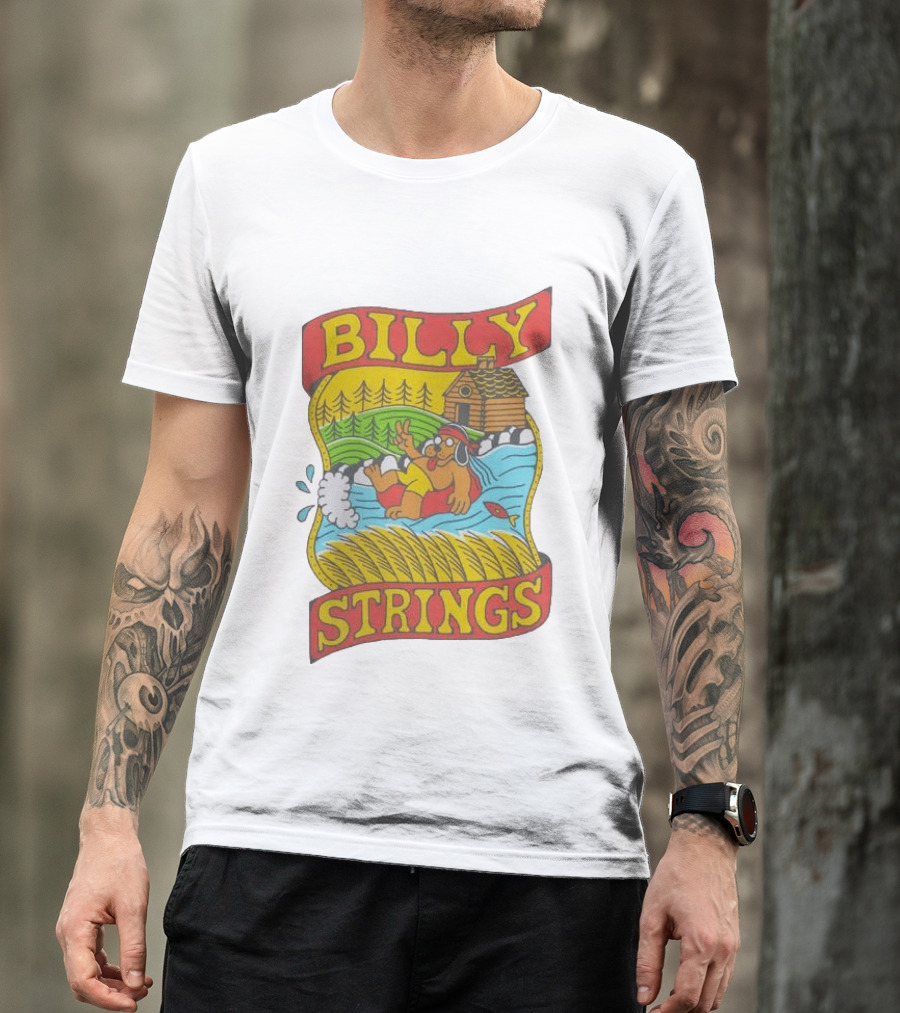 Billy Strings Tubing Bear Cabin Scene With Trees And Fish T-Shirt