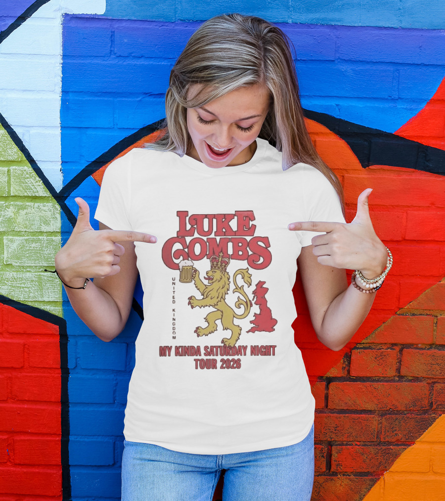 Luke Combs United Kingdom My Kinda Saturday Night Tour 2026 Lion Holding Beer T-Shirt