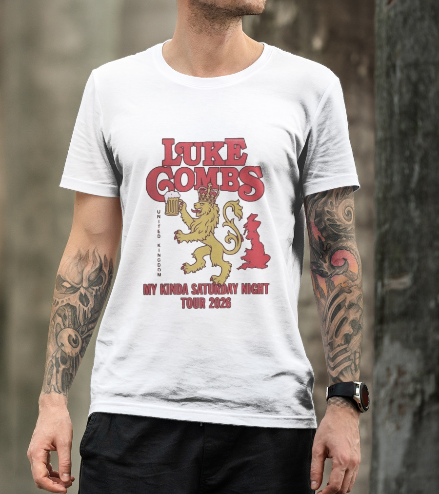 Luke Combs United Kingdom My Kinda Saturday Night Tour 2026 Lion Holding Beer T-Shirt