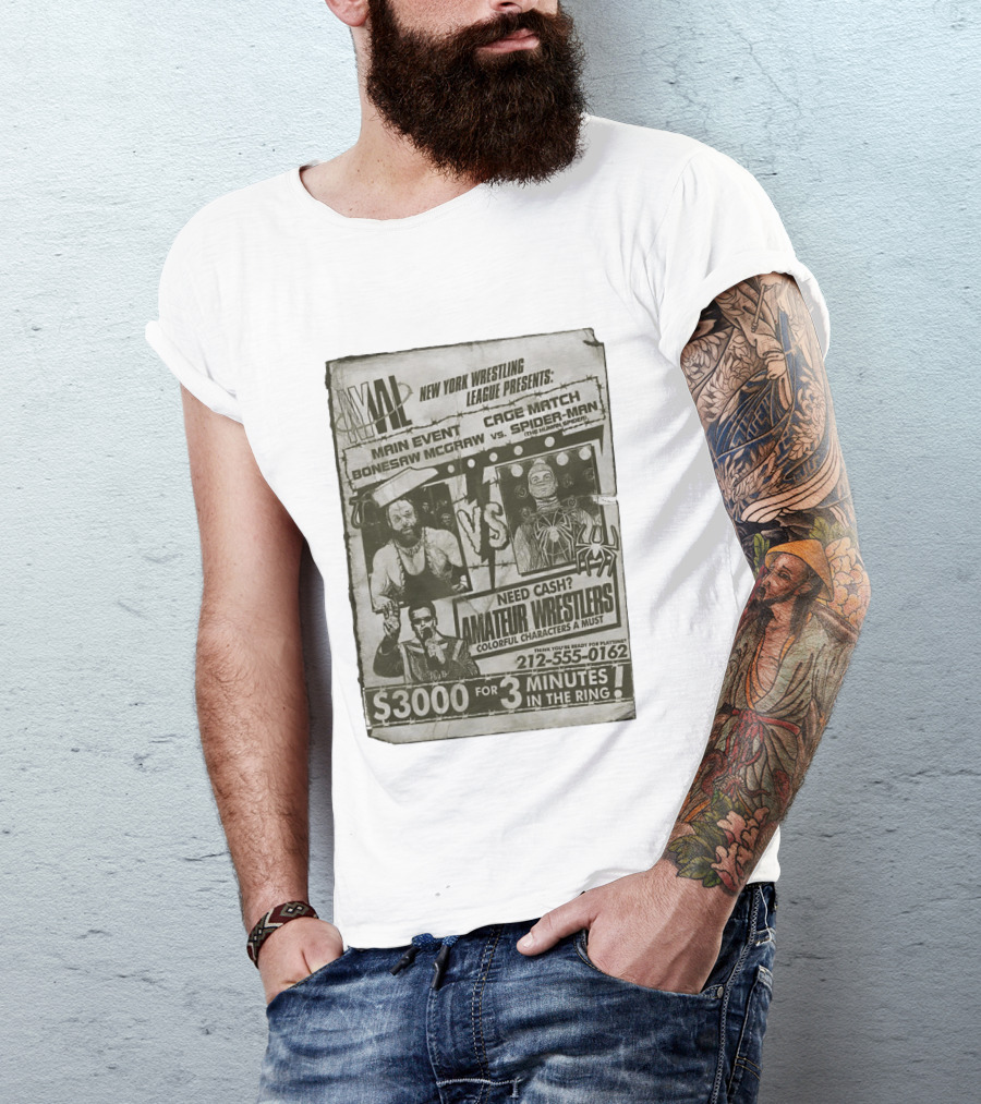 New York Wrestling League Main Event Bonesaw McGraw Vs Spider Man Cage Match Flyer T-Shirt