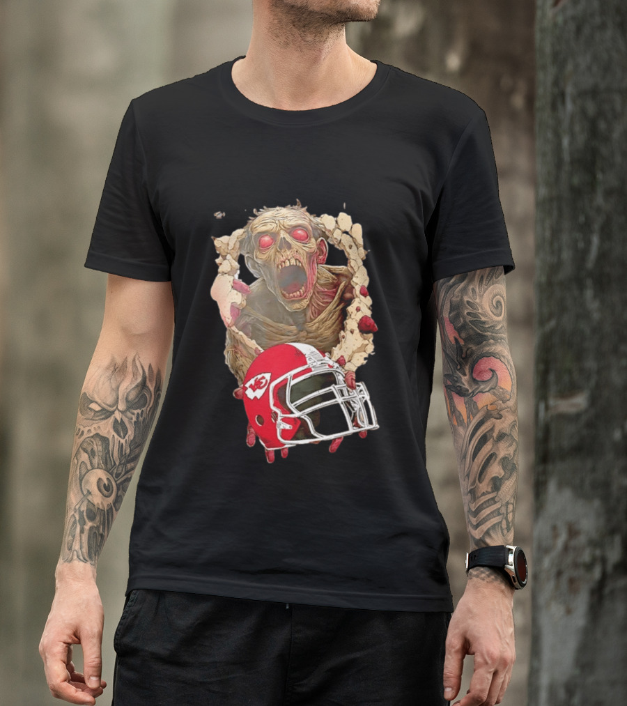 Zombie Kansas City Chiefs Helmet Halloween Scary Football Fan Spirit T-Shirt