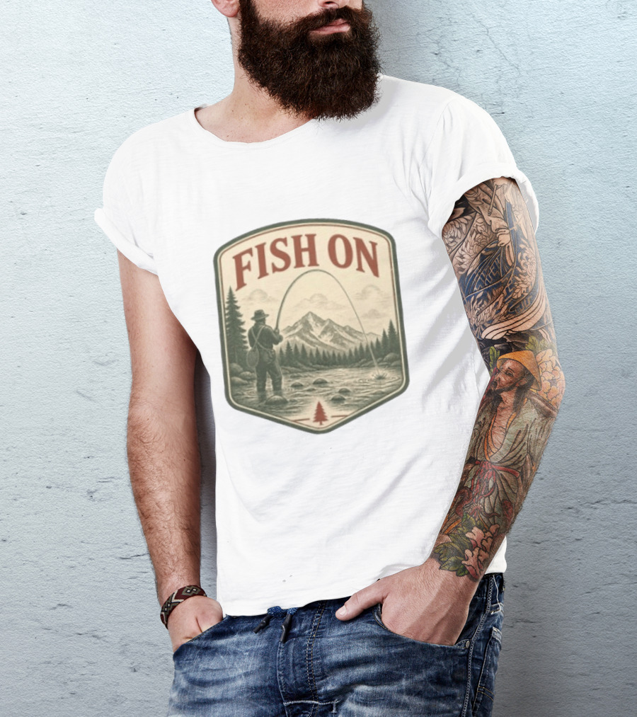 Fish On Fly Fishing Fisherman Mountain Landscape Adventure T-Shirt