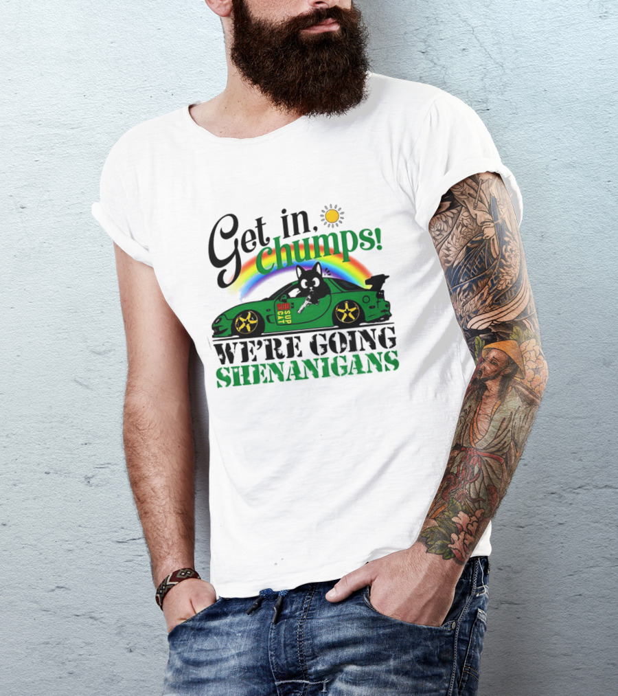 Get In Chumps Shenanigans Cat Driving Car Cartoon Rainbow Sun T-Shirt