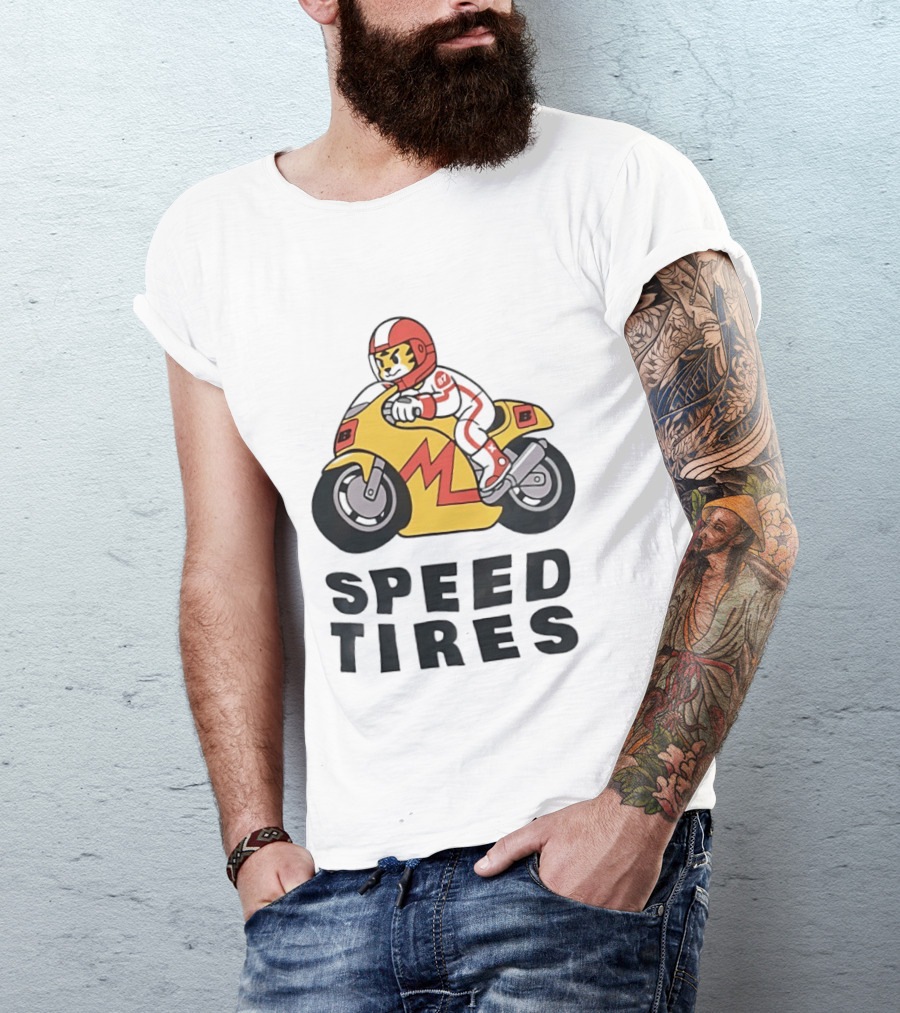 Speed Tires Tiger Motorcycle Racing Biker Rider On Yellow Bike T-Shirt