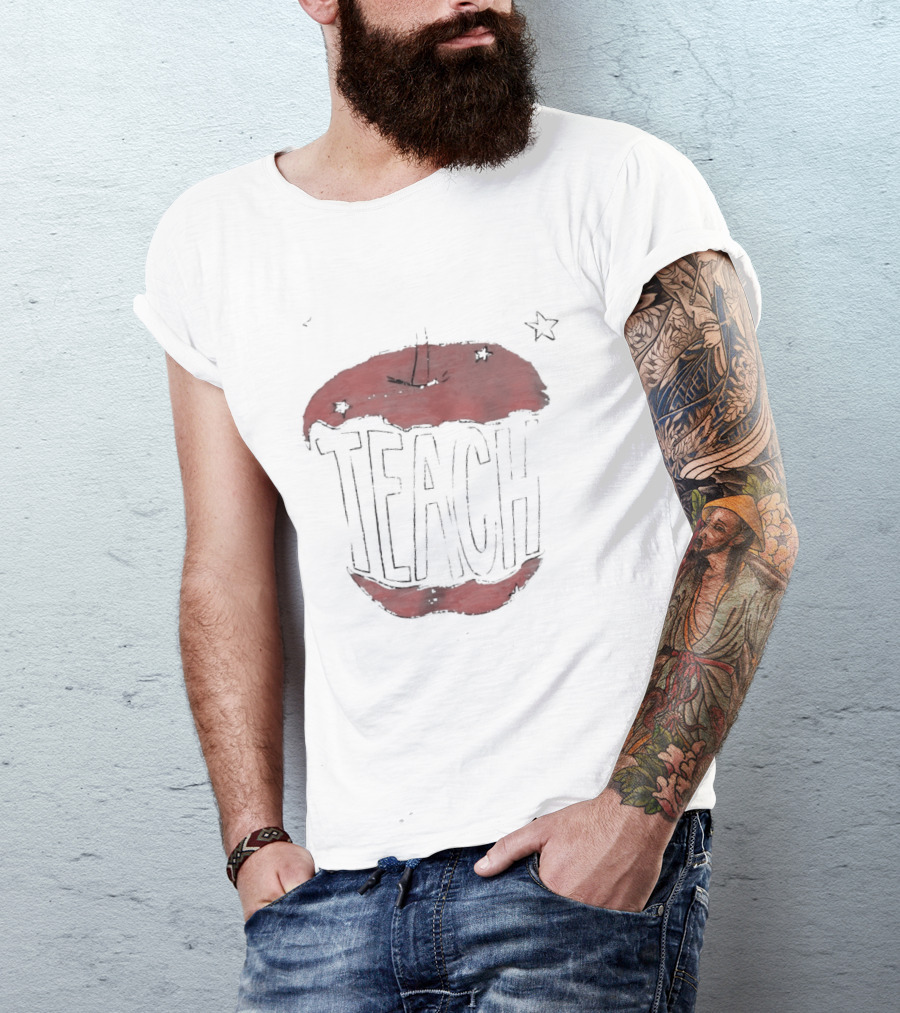 Teach Apple Bitten Cartoon Text Stars T-Shirt