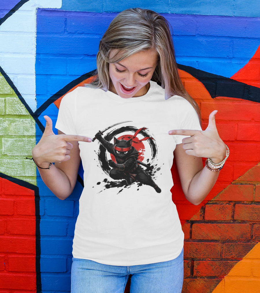 Ninja Cat Katana Warrior Red Rising Sun T-Shirt