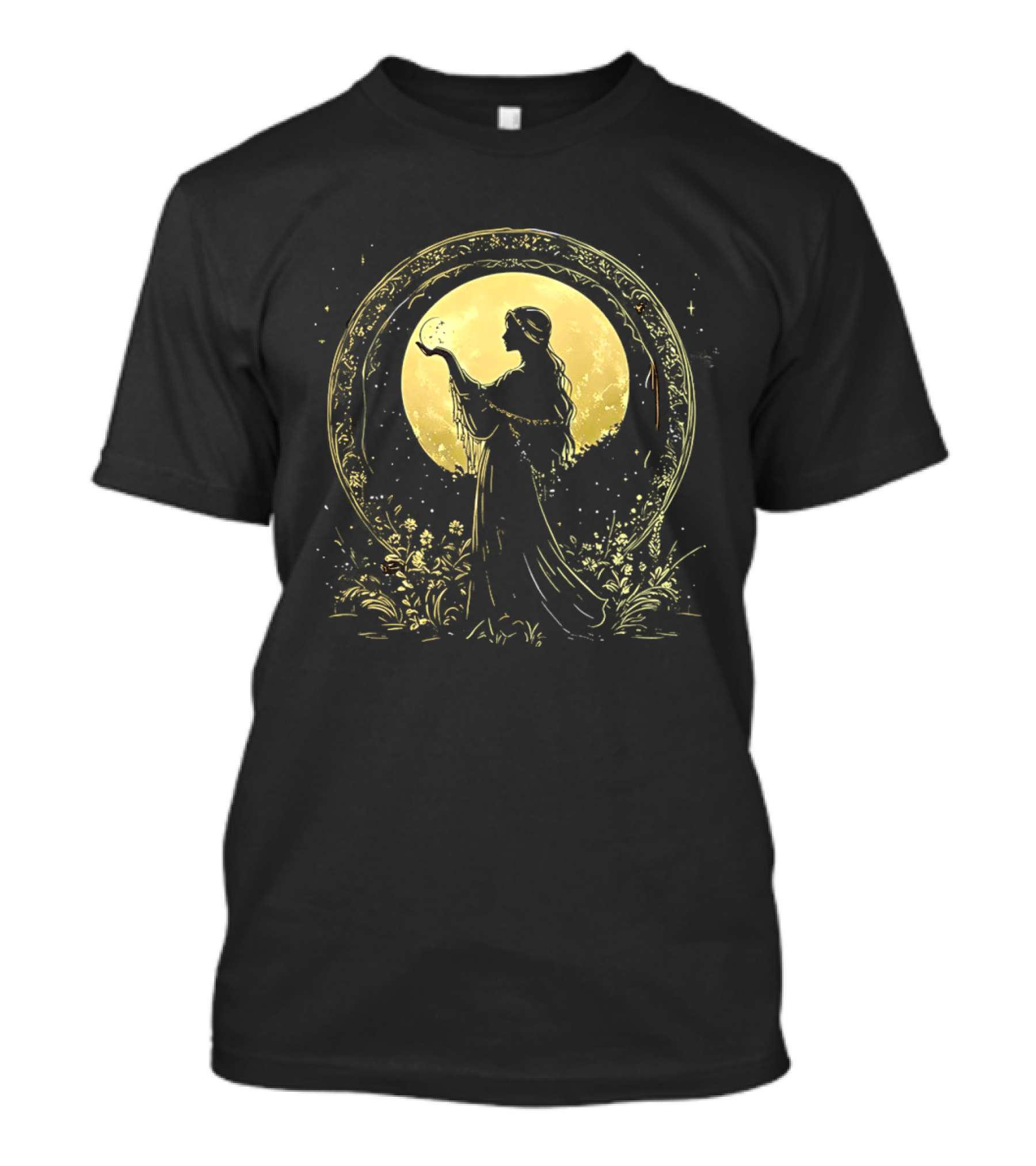 Woman Holding Moon Crescent Celestial Golden Lunar T-Shirt