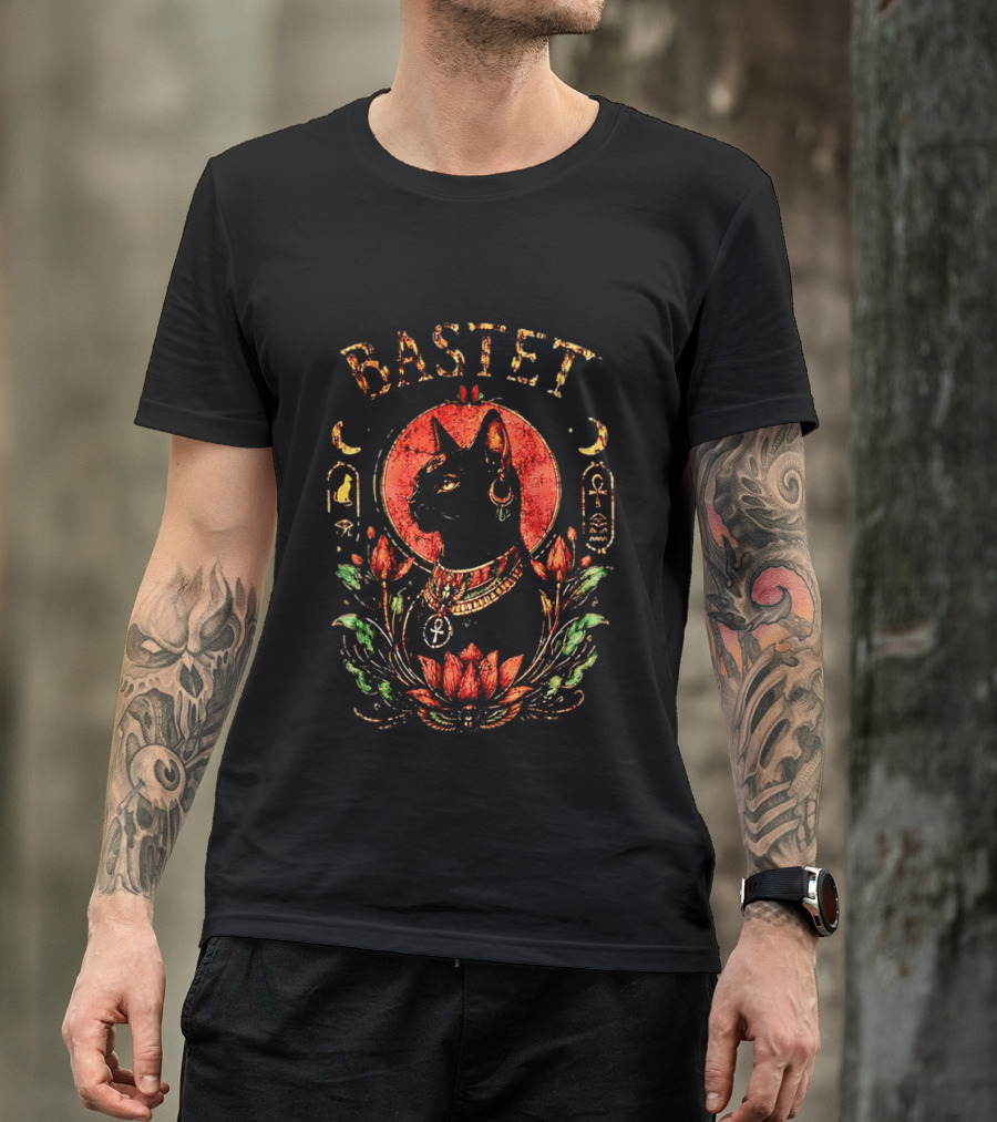 Bastet Cat Goddess Egyptian Symbolism With Ankh And Lotus T-Shirt