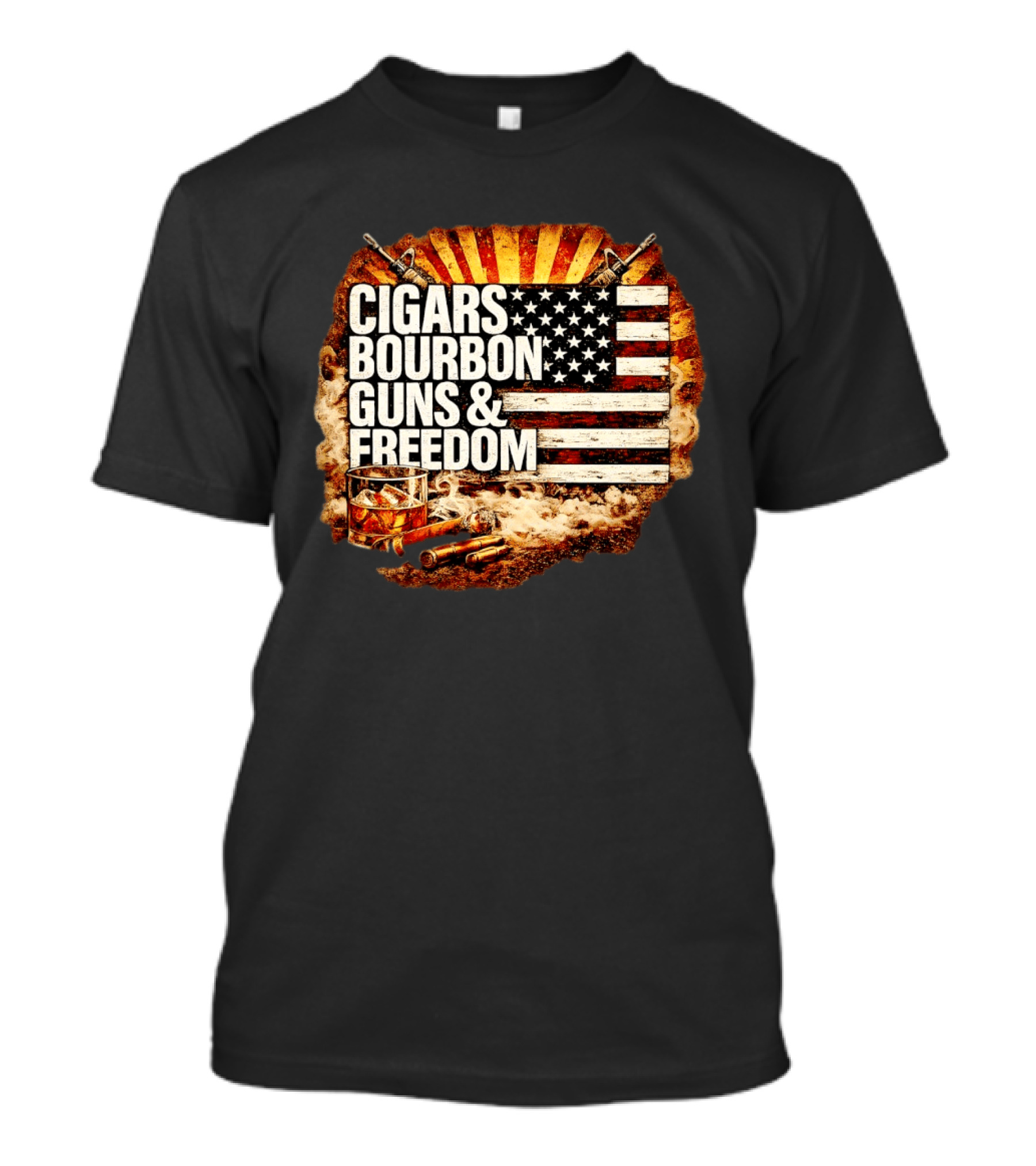 Cigars Bourbon Guns And Freedom American Flag Patriotic T-Shirt