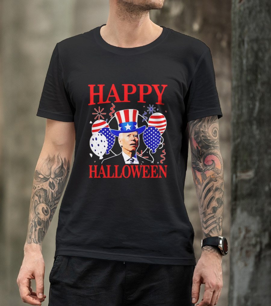 Happy Halloween Biden Uncle Sam Hat American Flag Balloons T-Shirt