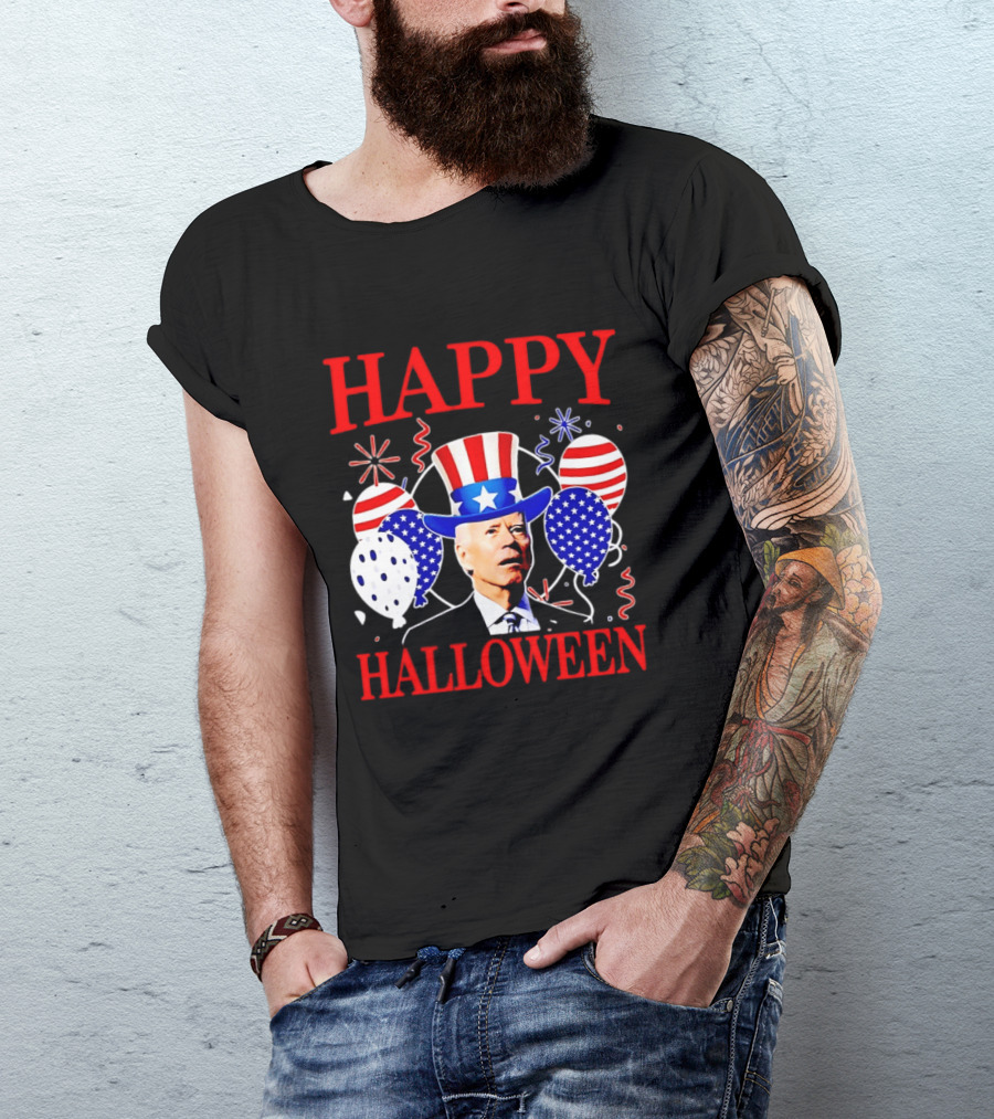 Happy Halloween Biden Uncle Sam Hat American Flag Balloons T-Shirt