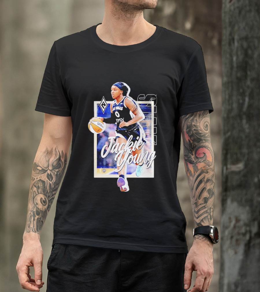 Jackie Young Las Vegas Aces Number 0 Dribbling Action With Wilson Basketball And Lids Headband T-Shirt