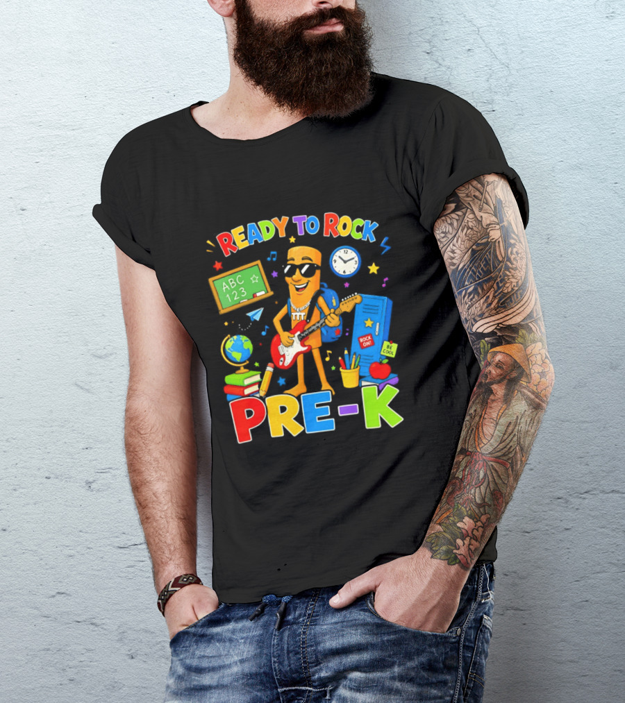 Ready To Rock Pre K Cartoon With Guitar And School Supplies T-Shirt