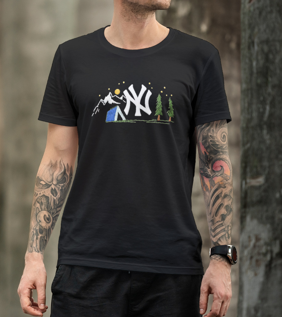 New York Yankees Embroidered Camping Mountain Tent Scene Cap T-Shirt