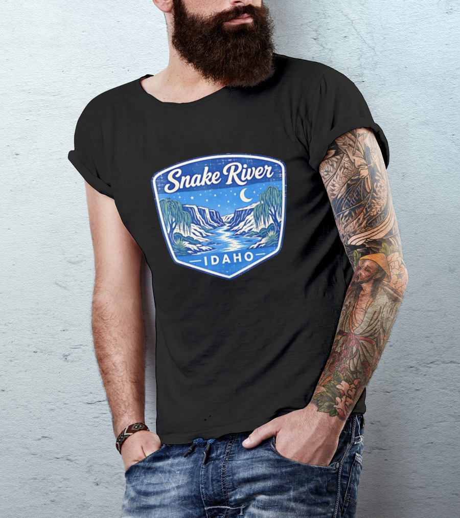 Snake River Idaho Nighttime Canyon With Moon And Stars T-Shirt