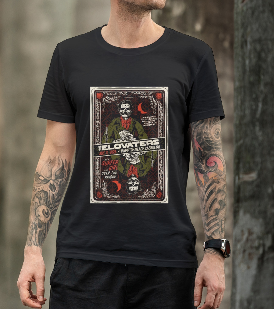 The Elovaters July 17 2026 Hampton Beach Casino NH Surfer Girl Over The Bridge Skeleton Cards T-Shirt
