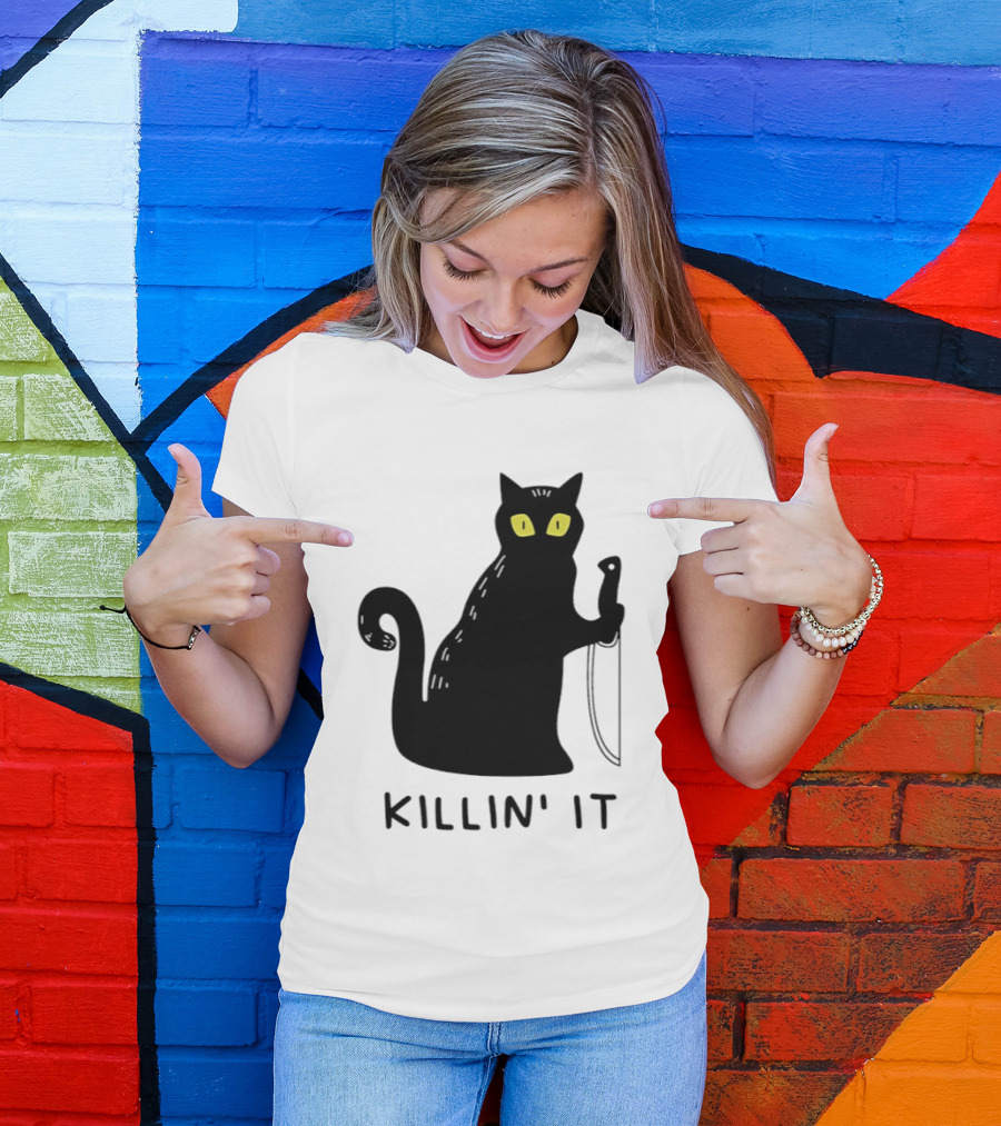 Black Cat Killin' It Halloween Knife T-Shirt
