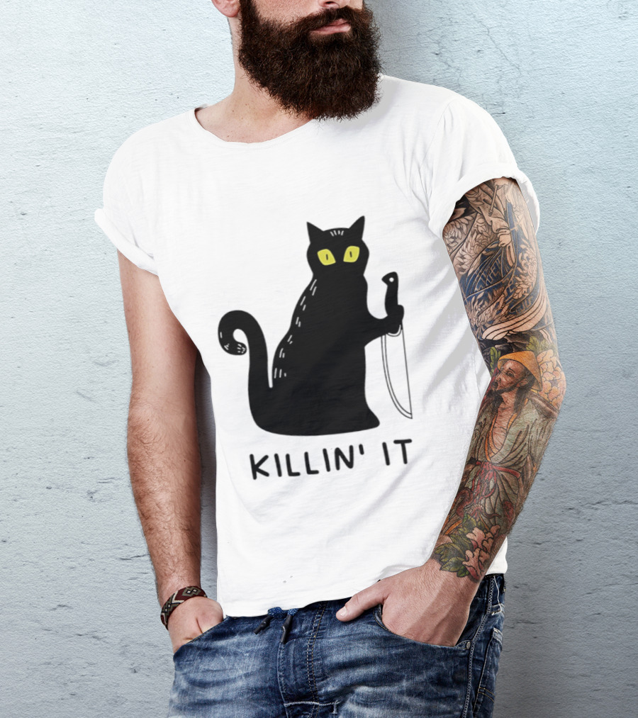 Black Cat Killin' It Halloween Knife T-Shirt