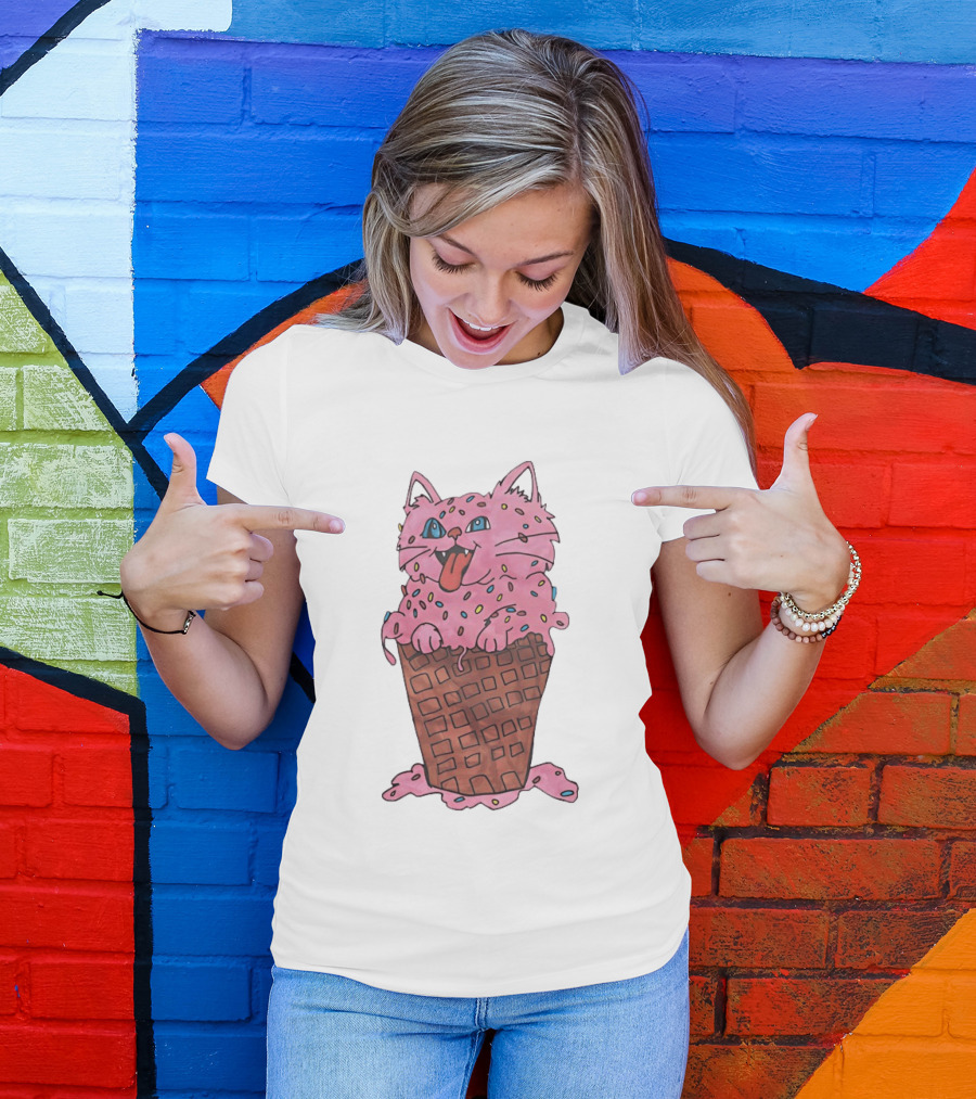 Pink Cat Ice Cream Cone Sprinkles Waffle Delight T-Shirt