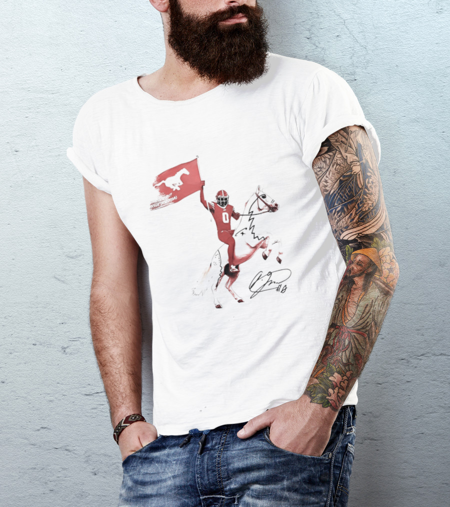 SMU Mustangs Football Player Riding Horse Holding Flag Number 0 T-Shirt