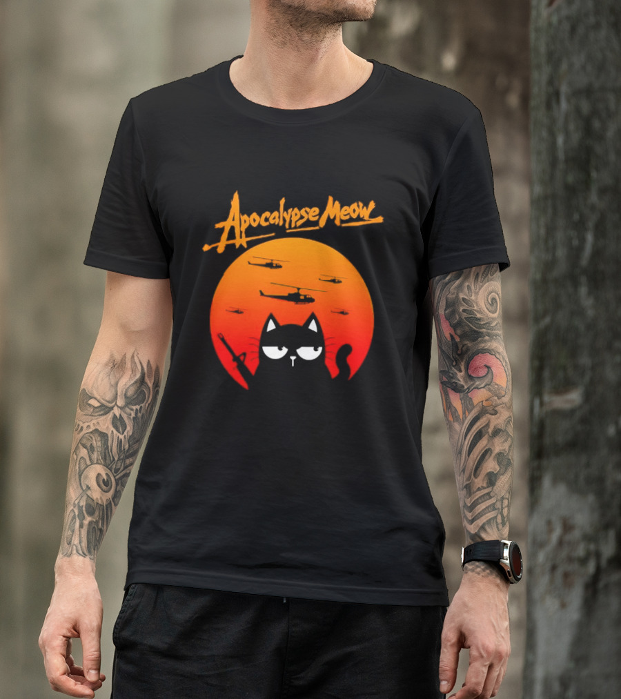 Apocalypse Meow Cat Helicopter Orange Sun T-Shirt