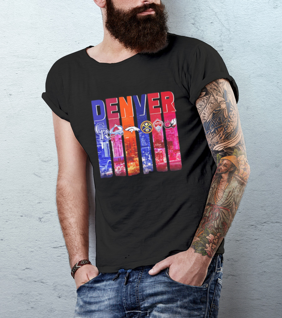 Denver City Skyline With Colorado Rockies Avalanche Broncos Nuggets Rapids Mammoth T-Shirt
