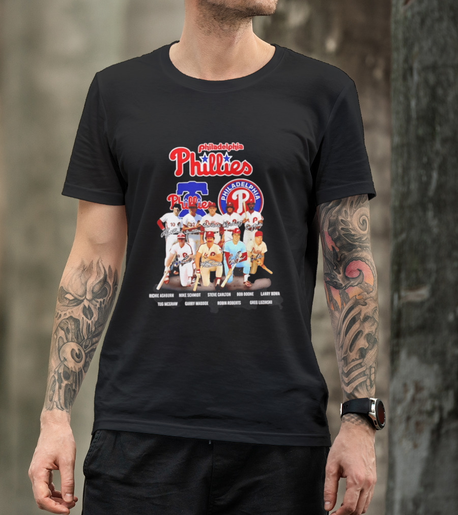 Philadelphia Phillies Legends Ashburn Schmidt Carlton Boone Bowa McGraw Maddox Roberts Luzinski Signatures Vintage Players T-Shirt