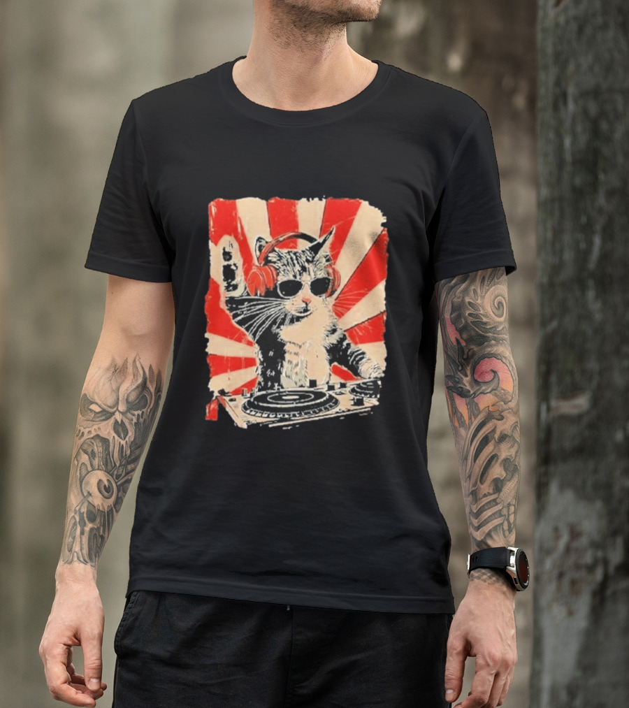 DJ Cat With Headphones Red Sunburst T-Shirt