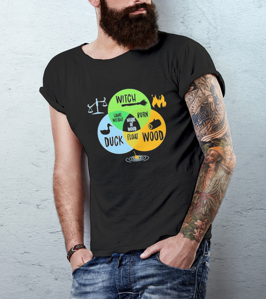 Monty Python Witch Duck Same Weight Made Of Wood Burn Float Venn Diagram T-Shirt