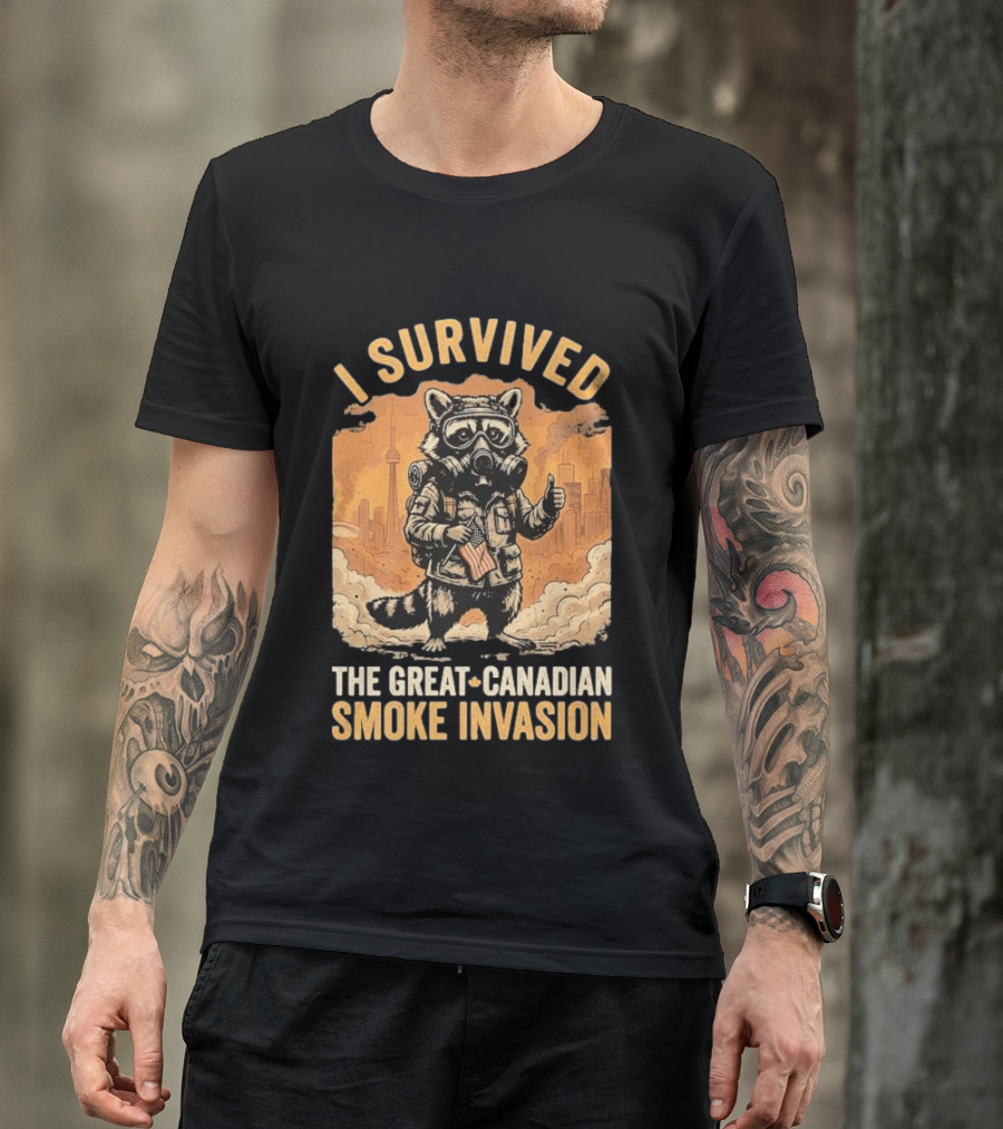 I Survived The Great Canadian Smoke Invasion Raccoon Cityscape Gas Mask T-Shirt
