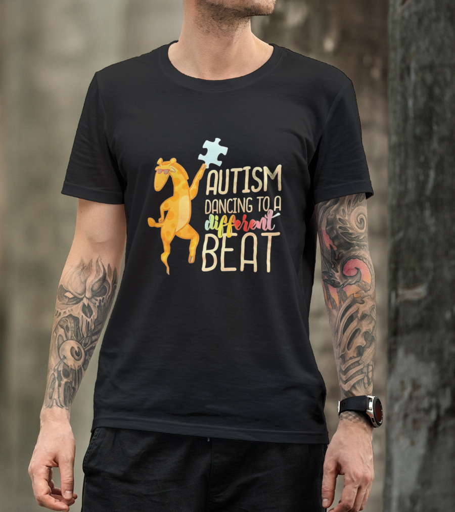 Autism Dancing To A Different Beat Giraffe Puzzle Piece And Sunglasses T-Shirt