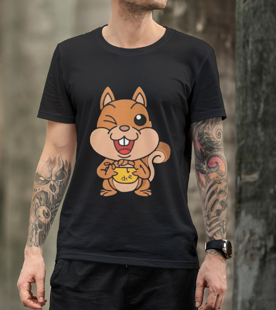 Cartoon Squirrel Holding Yellow Object With "dre" T-Shirt