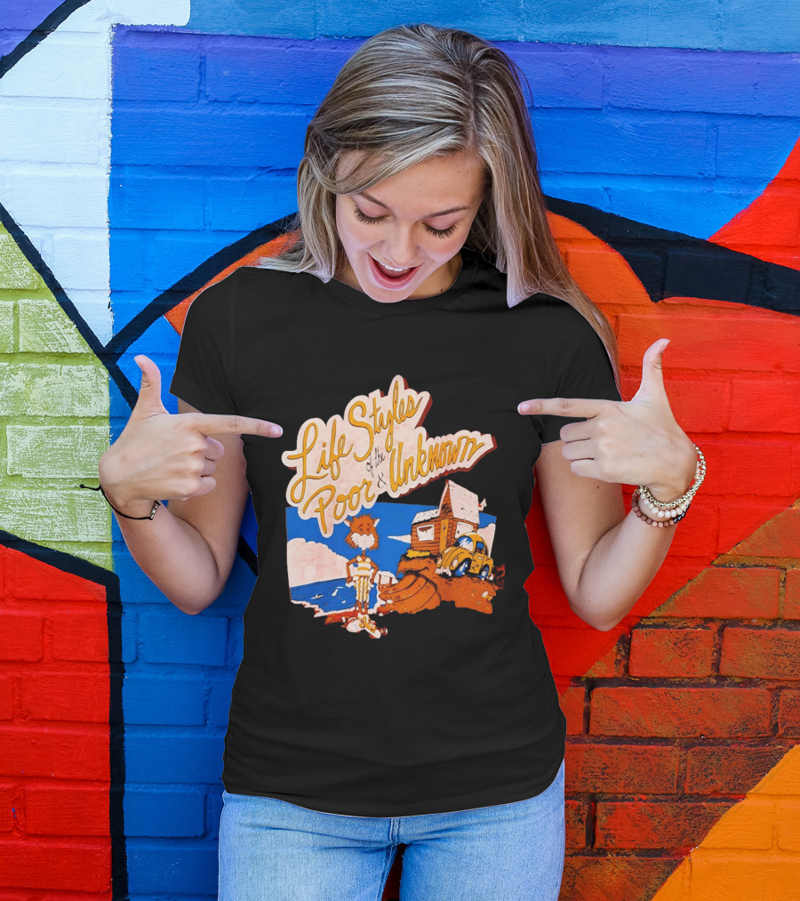Life Styles Of The Poor And Unknown Cartoon Cat Beach Scene With House And Car T-Shirt