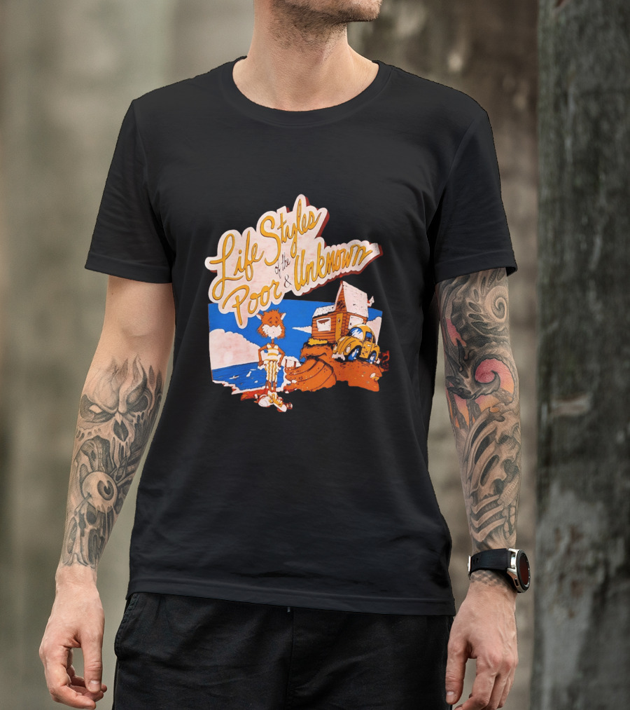 Life Styles Of The Poor And Unknown Cartoon Cat Beach Scene With House And Car T-Shirt
