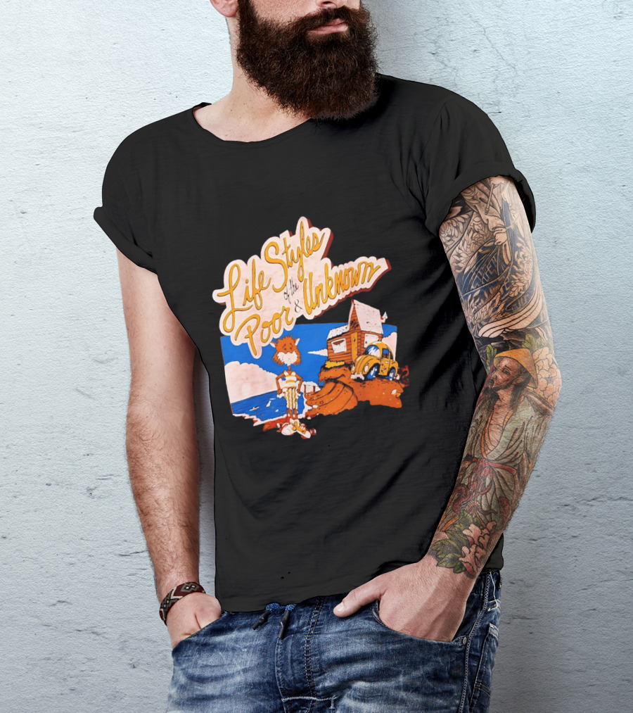 Life Styles Of The Poor And Unknown Cartoon Cat Beach Scene With House And Car T-Shirt