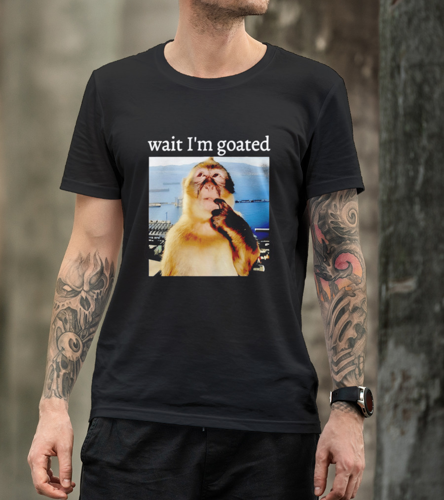 Wait I'm Goated Monkey Meme Coastal View Playful Expression T-Shirt