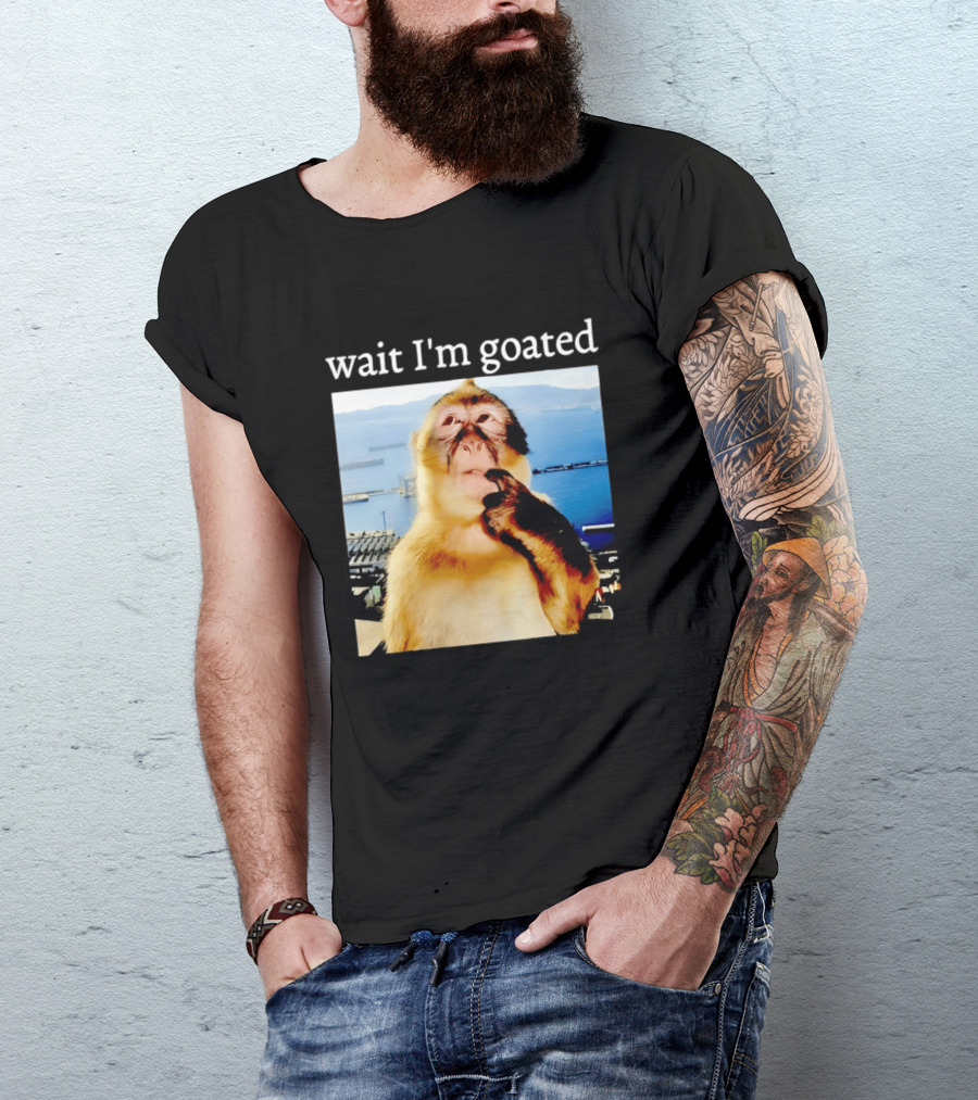 Wait I'm Goated Monkey Meme Coastal View Playful Expression T-Shirt