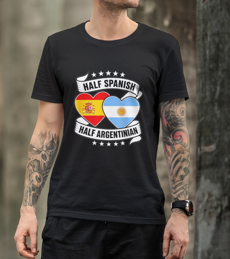 Half Spanish Half Argentinian Heart Flags Banner Star T-Shirt
