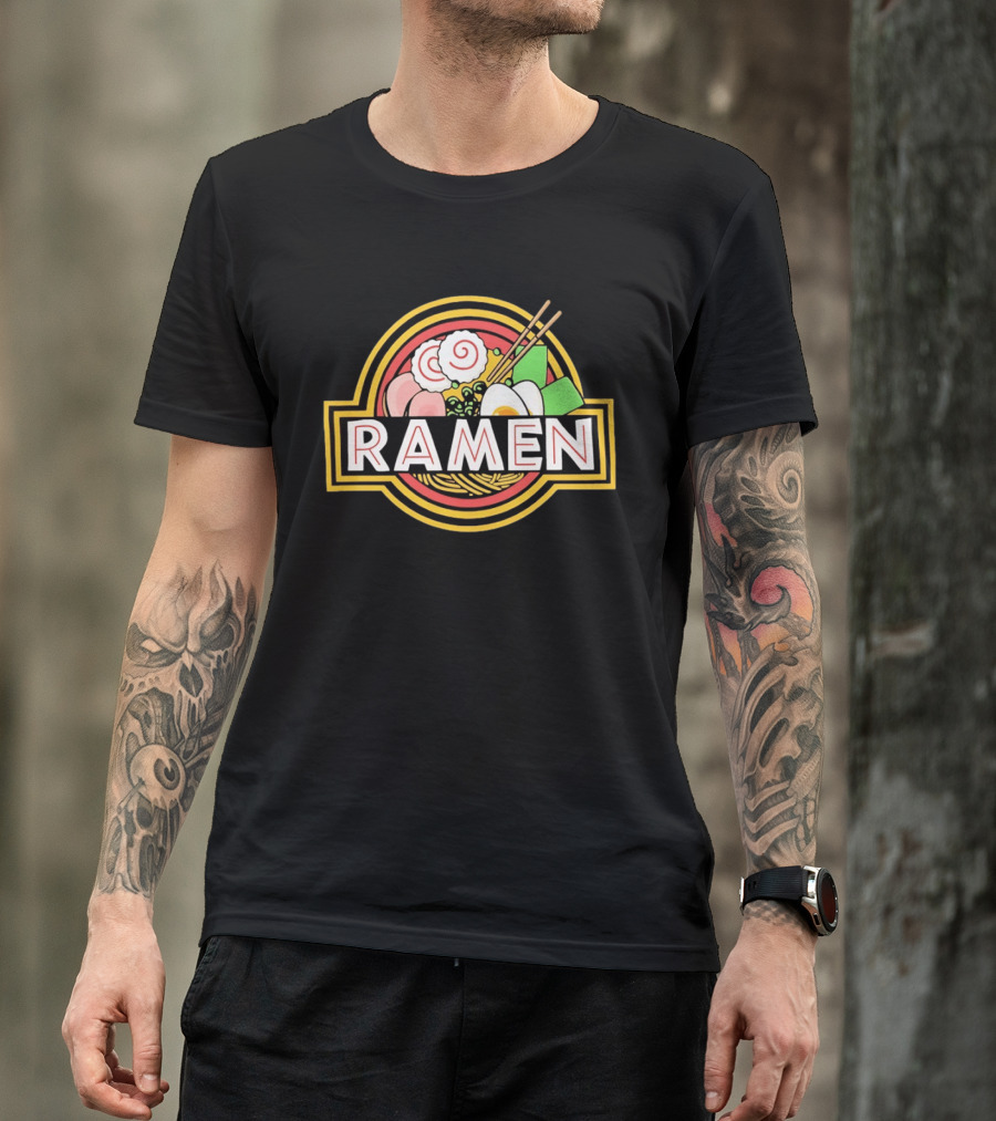Ramen Jurassic Park Japanese Food Logo Parody With Noodles And Chopsticks T-Shirt