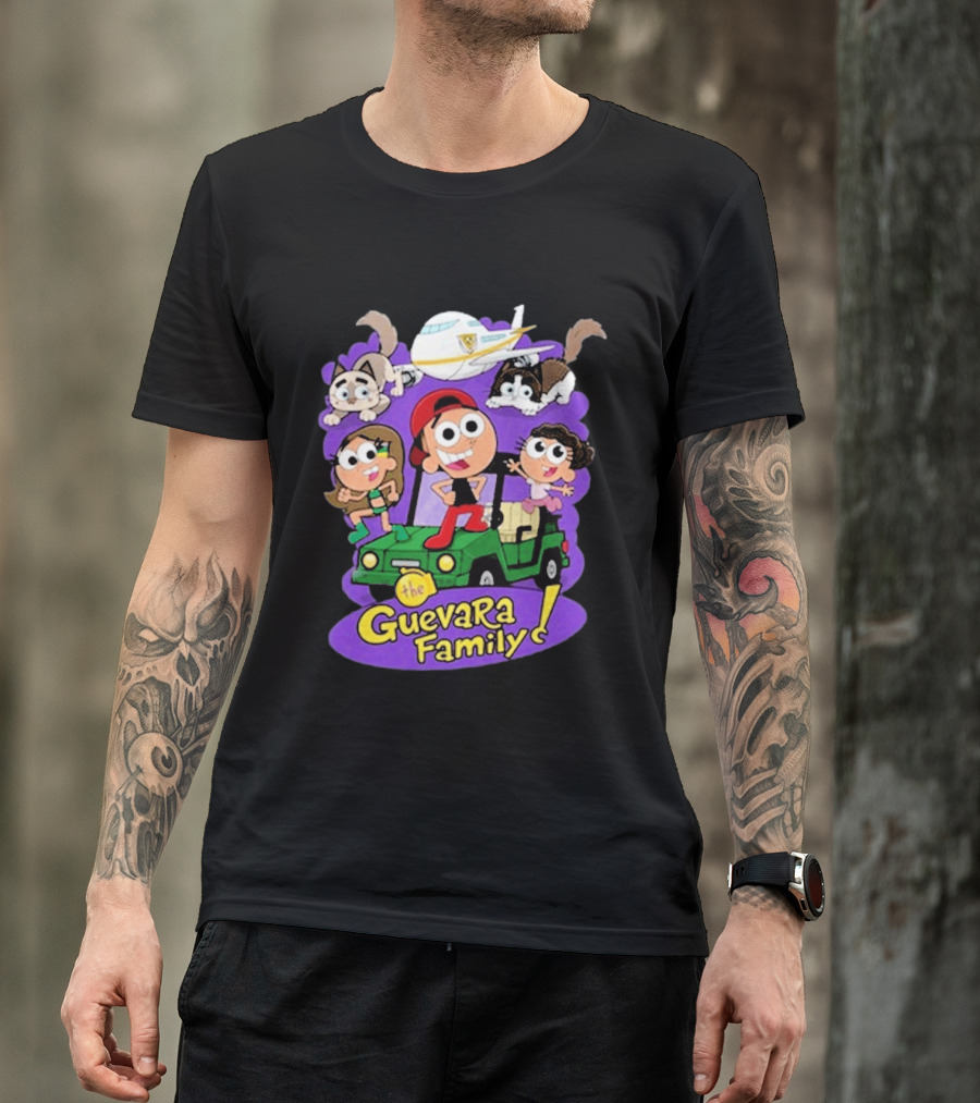 The Guevara Family Cartoon Adventure With Pets And Airplane T-Shirt