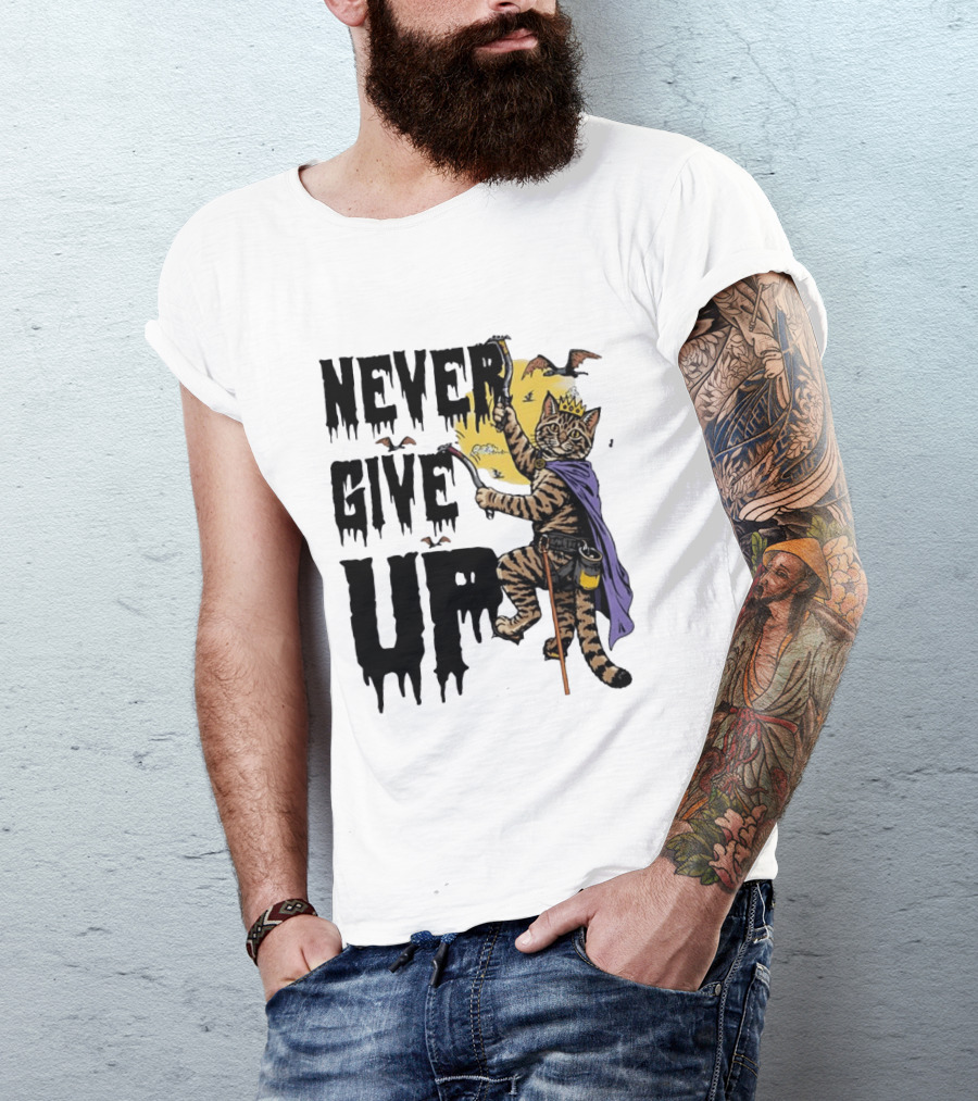 Never Give Up Cat Climbing With Crown And Cape T-Shirt