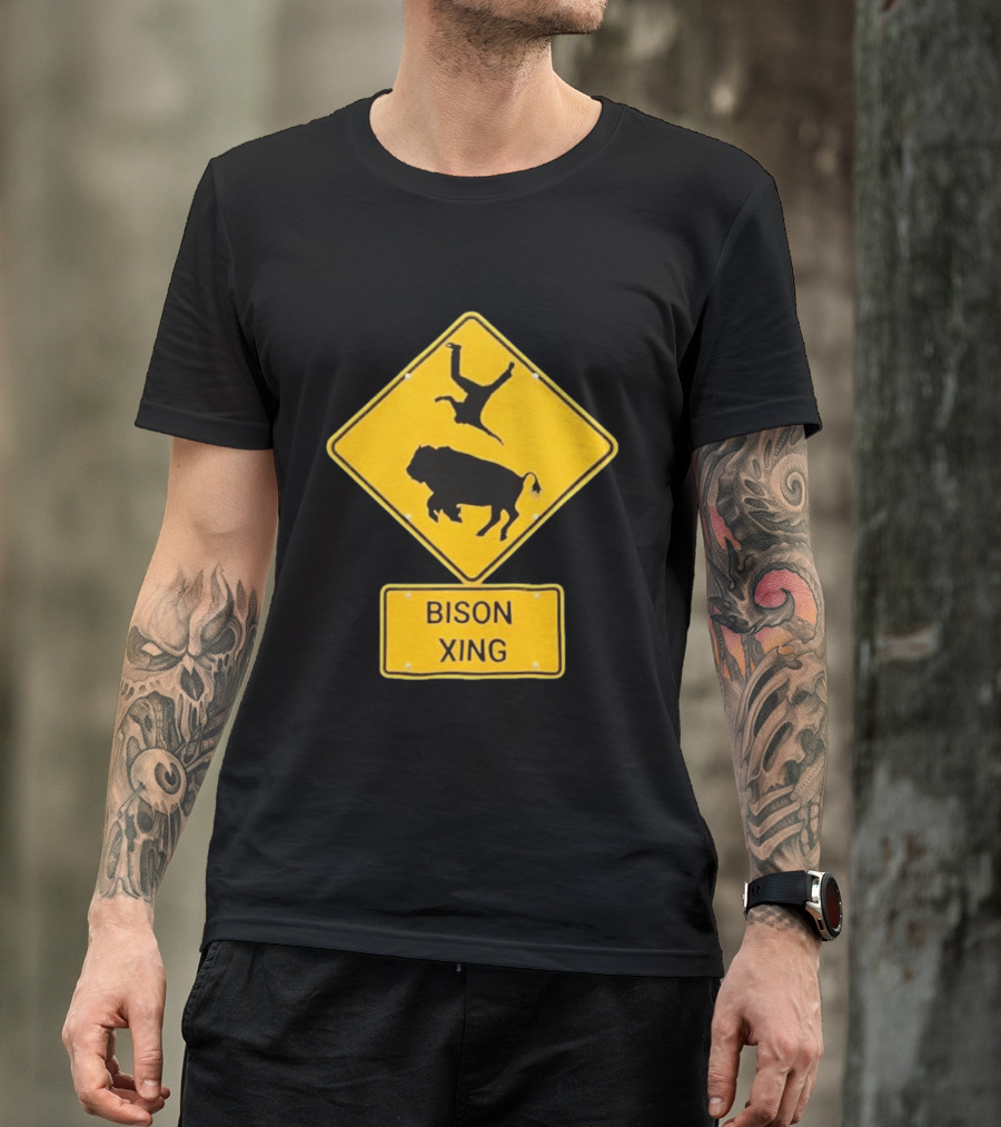 Bison Xing Road Sign With Pedestrian Warning T-Shirt