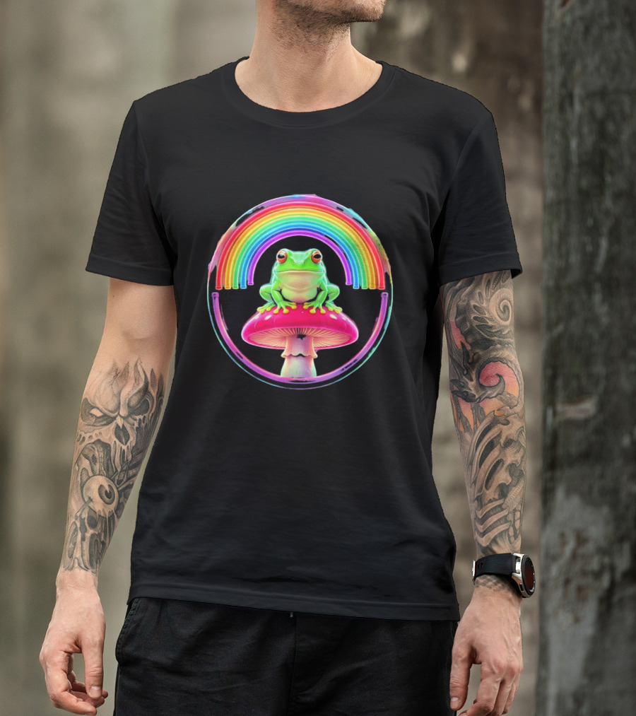 Neon Frog On Mushroom Under Vibrant Rainbow Circle T-Shirt