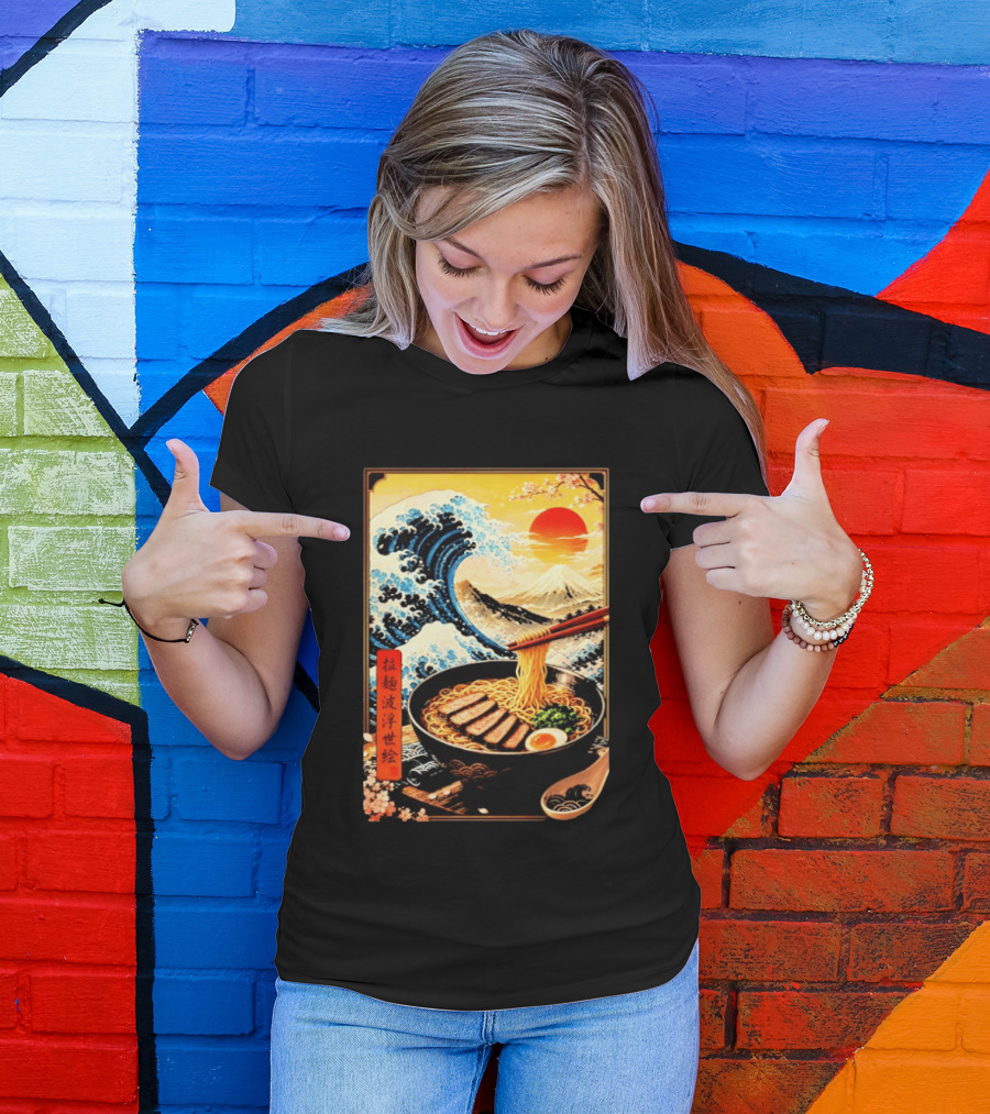 Great Wave Ramen Ukiyo E Japanese Noodles Cherry Blossoms Sun Mountain T-Shirt