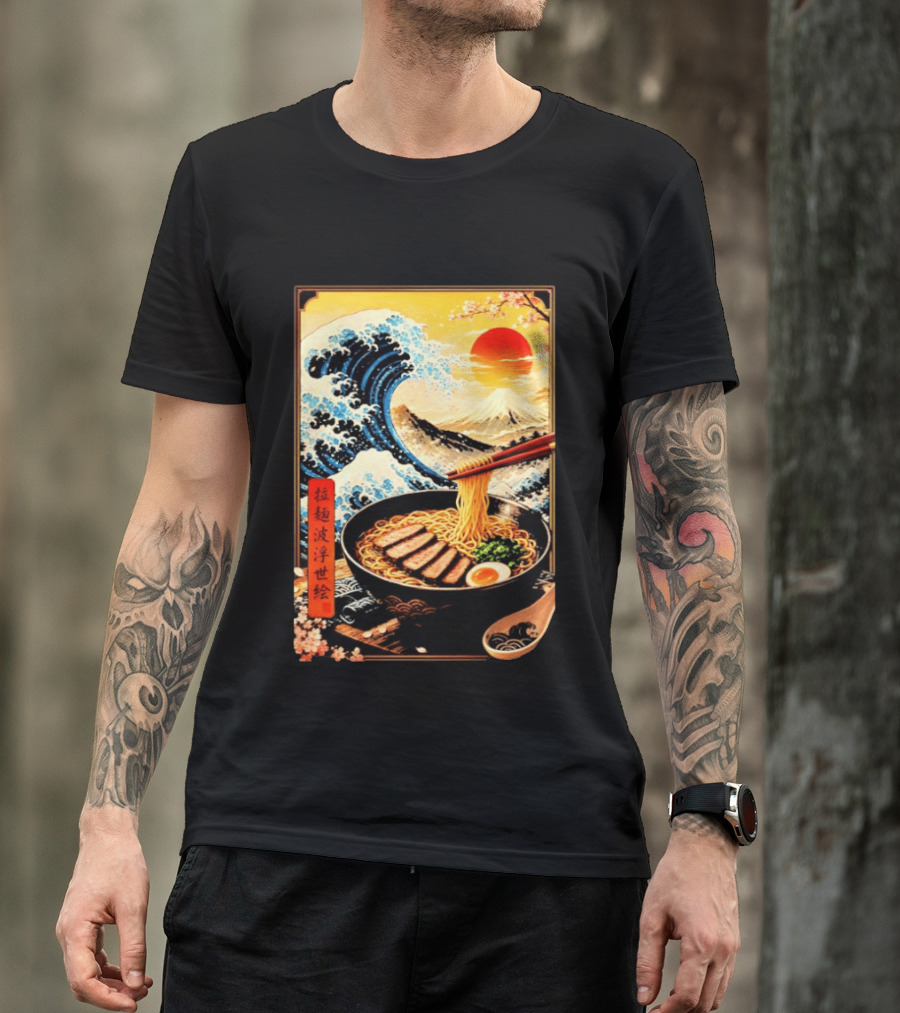 Great Wave Ramen Ukiyo E Japanese Noodles Cherry Blossoms Sun Mountain T-Shirt