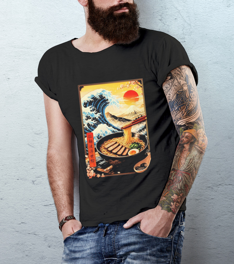 Great Wave Ramen Ukiyo E Japanese Noodles Cherry Blossoms Sun Mountain T-Shirt