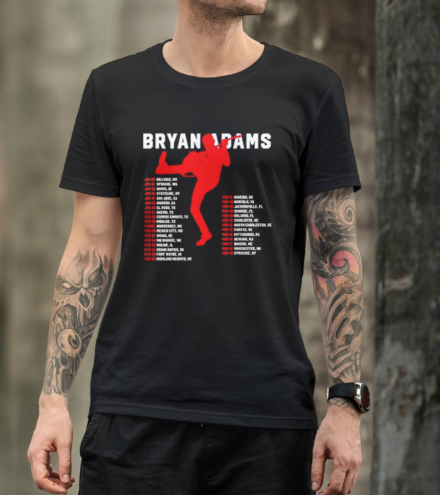 Bryan Adams Kicking Guitar With 2023 Tour Dates And Cities T-Shirt