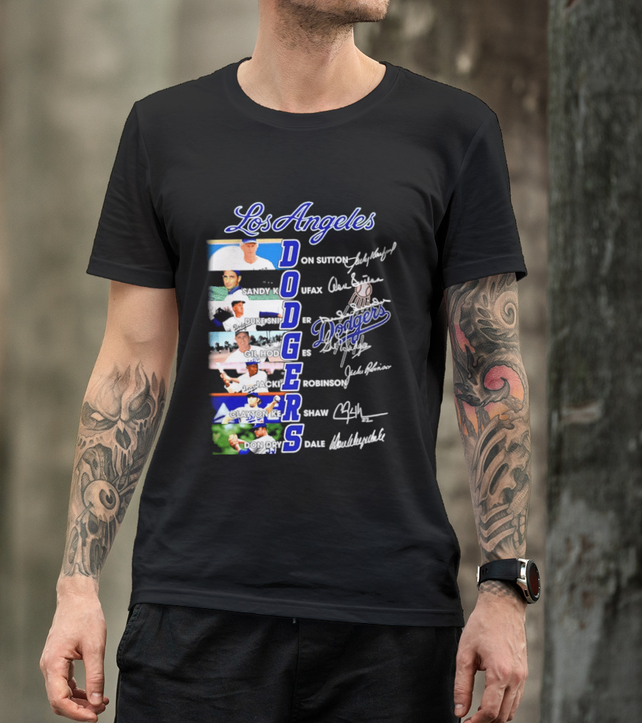 Los Angeles Dodgers Don Sutton Sandy Koufax Duke Snider Gil Hodges Jackie Robinson Clayton Kershaw Don Drysdale Signatures T-Shirt