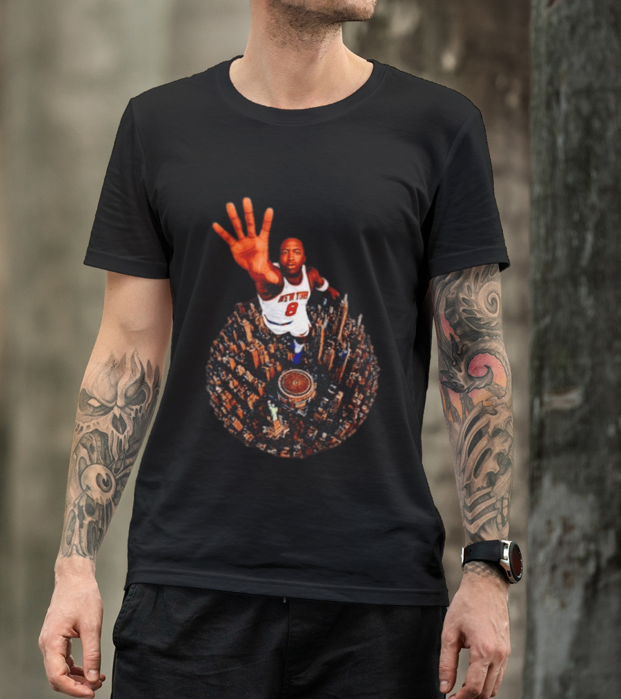 New York Knicks No 8 Aerial Cityscape Legend T-Shirt